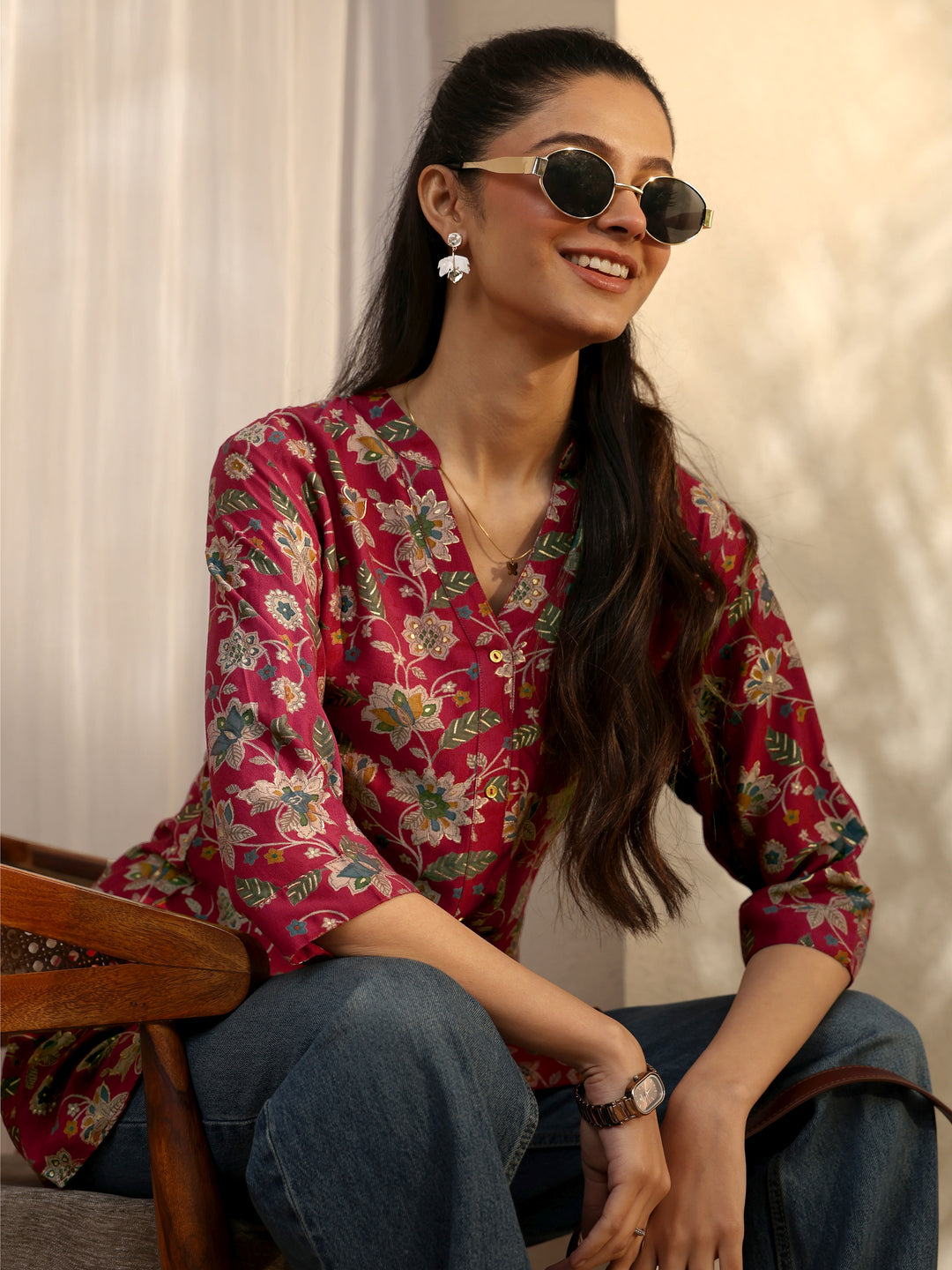 Maroon Printed Silk Blend Straight Short Kurti