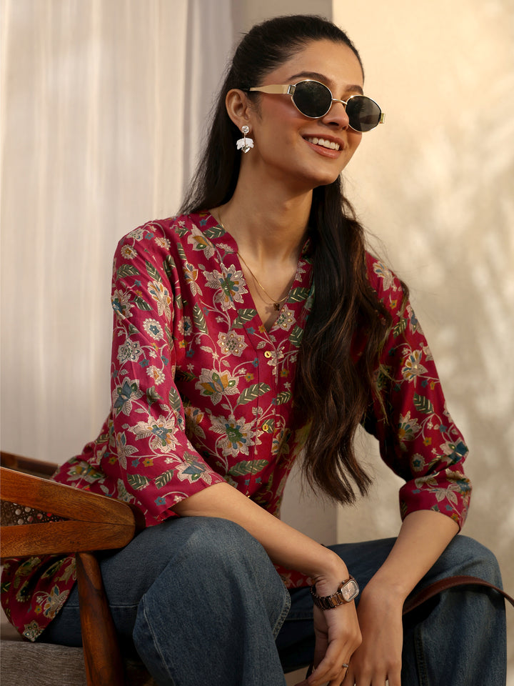 Maroon Printed Silk Blend Straight Short Kurti