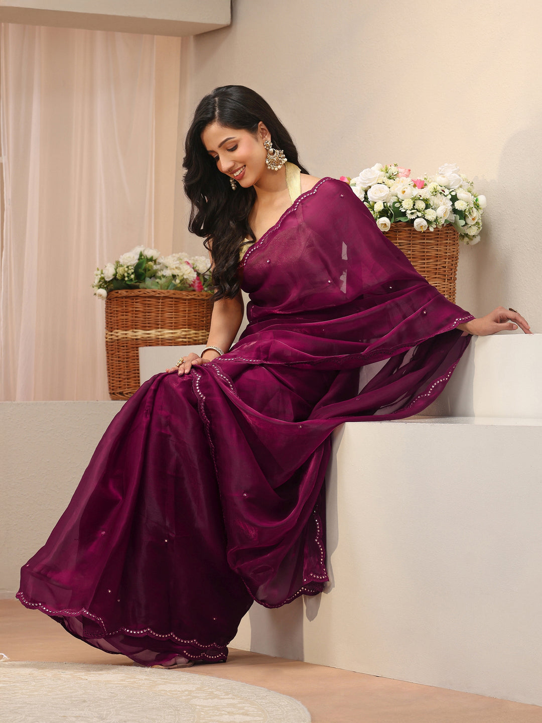 Maroon Mirror Work Organza Saree
