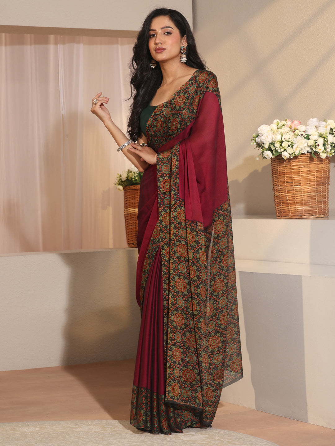 Libas Maroon Chiffon Saree with Printed Border