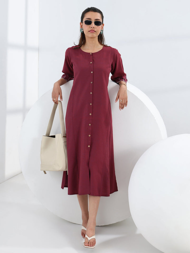 Maroon Solid Cotton Blend A-Line One Piece Dress
