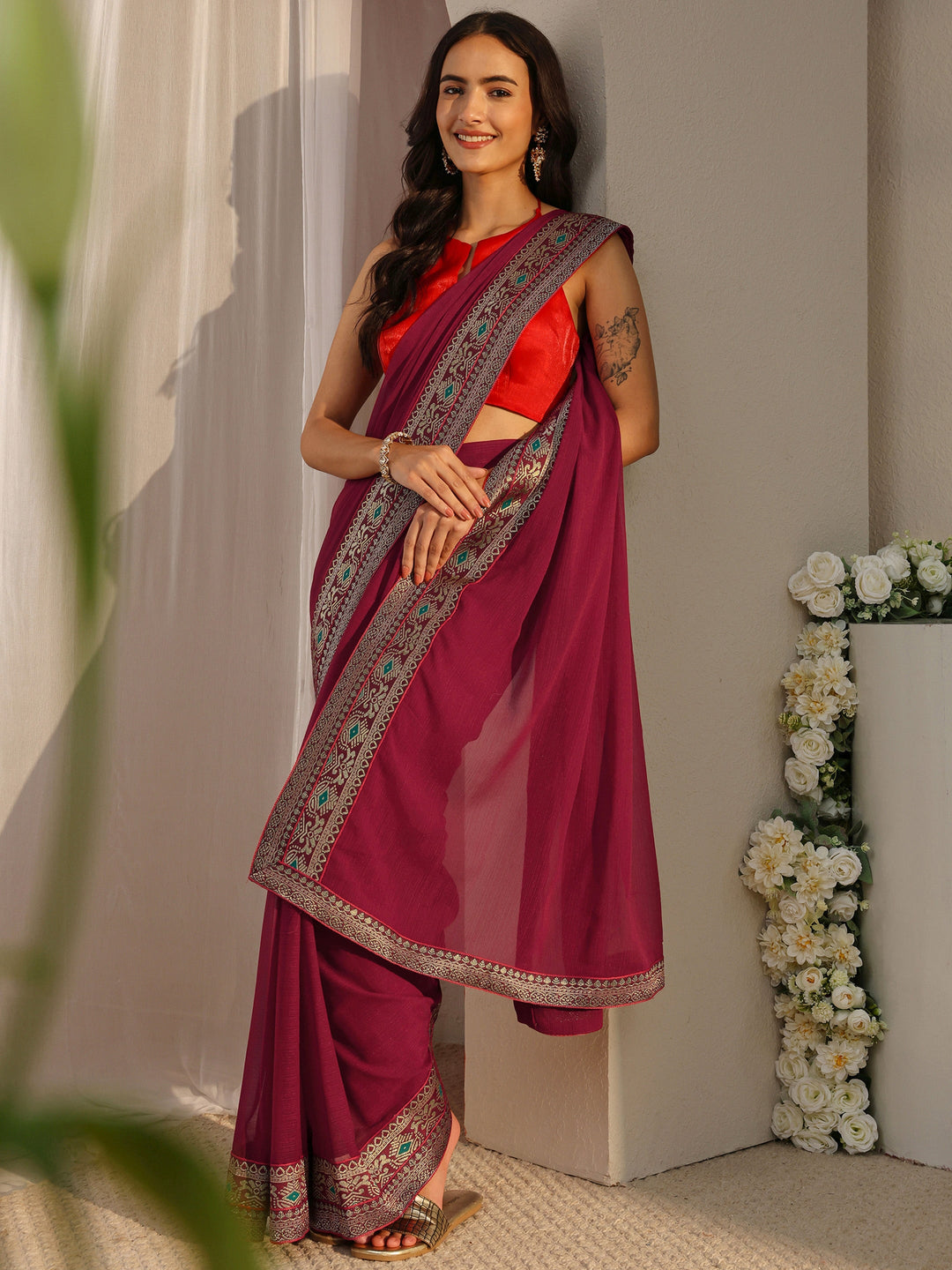 Maroon Solid Georgette Saree With Unstitched Blouse Piece