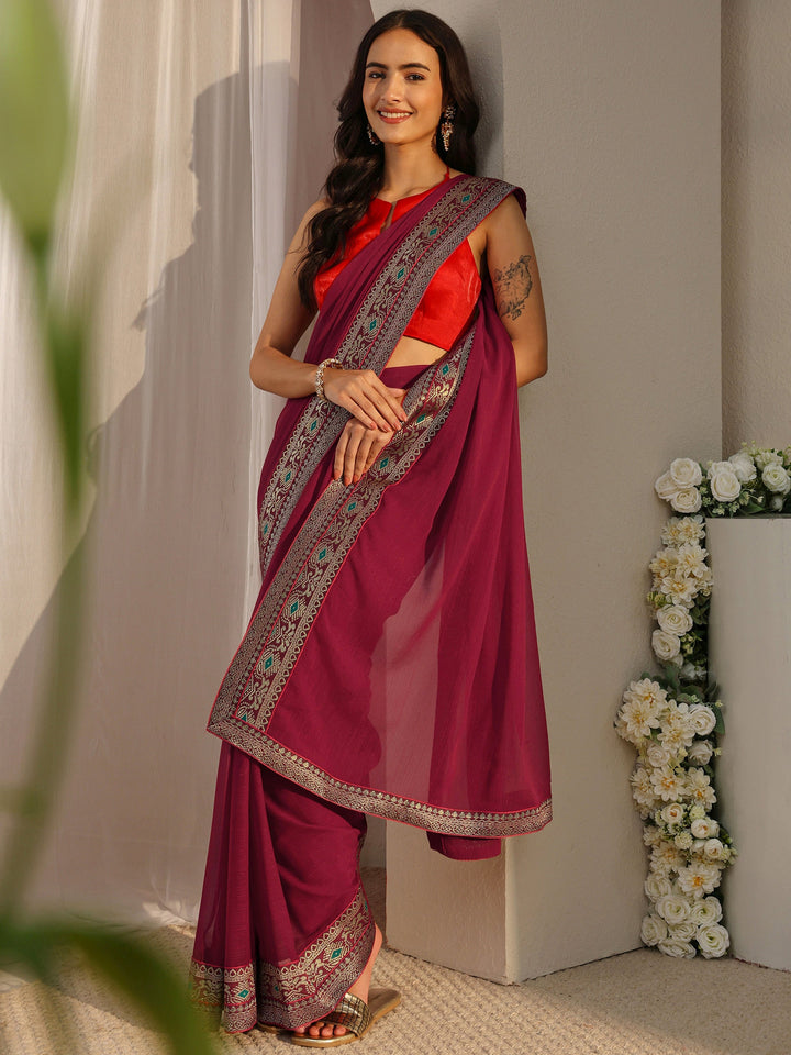 Maroon Solid Georgette Saree With Unstitched Blouse Piece