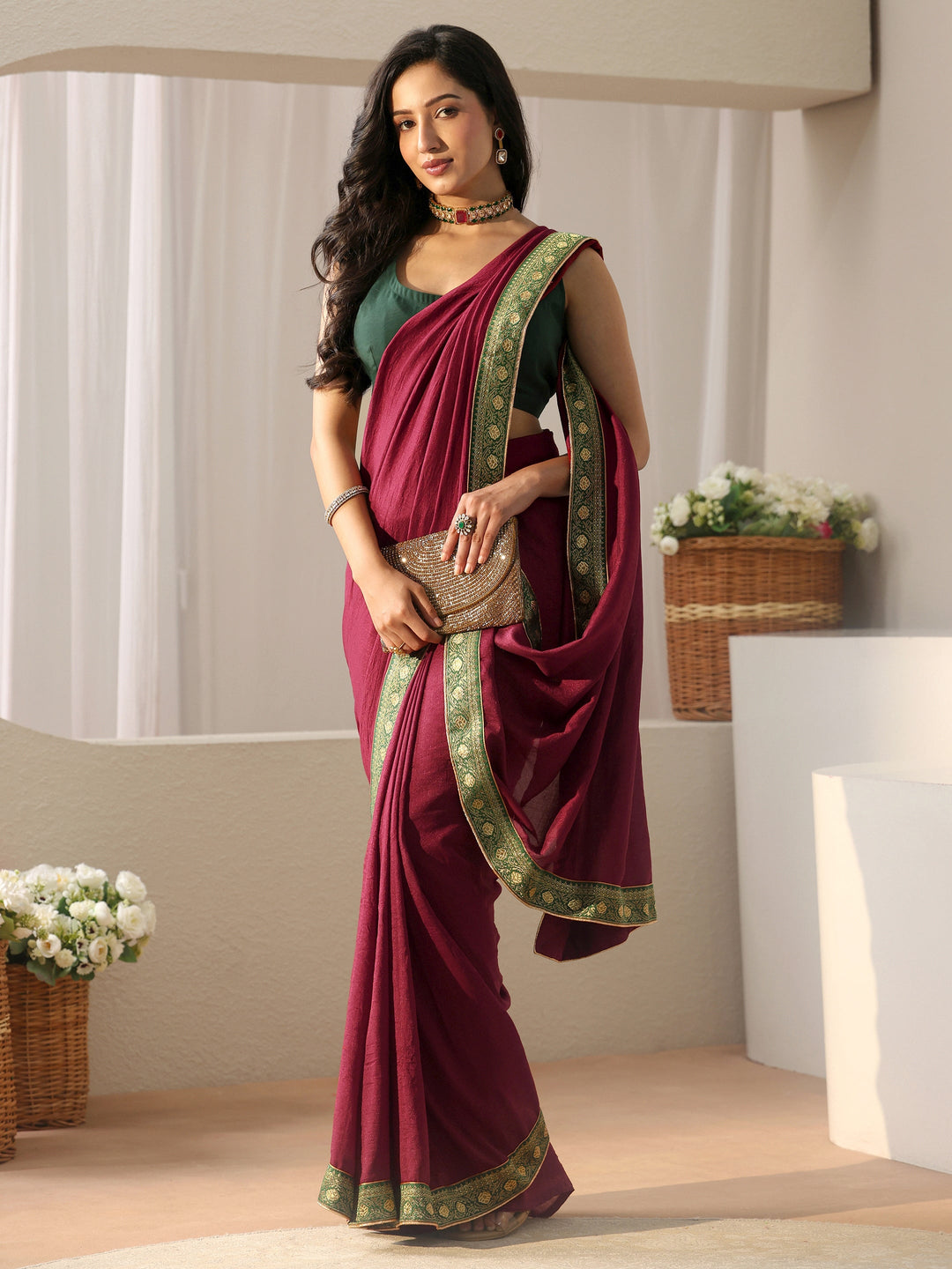Maroon Solid Silk Blend Saree