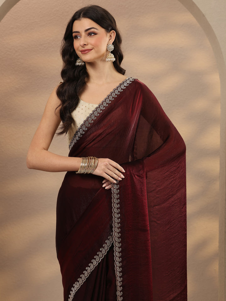 Maroon Solid Silk Blend Saree With Unstitched Blouse Piece