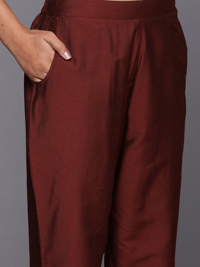 Maroon Solid Silk Blend Straight Kurta With Trousers & Dupatta - Libas