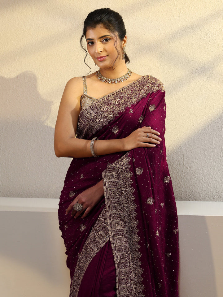 Maroon Tissue Saree With Embellished Border
