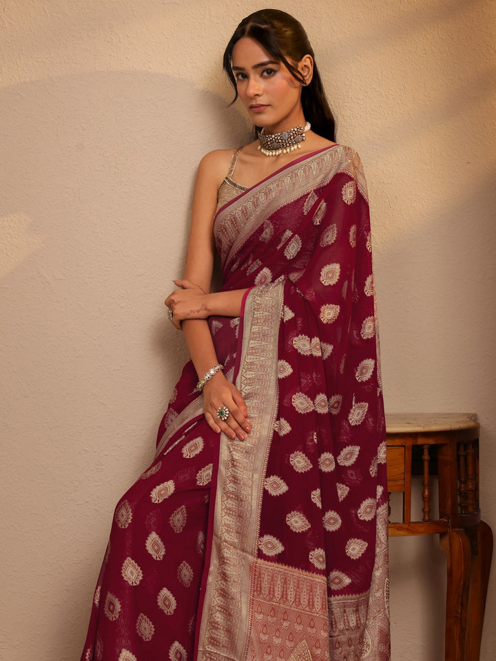 Libas Maroon Woven Design Chiffon Saree