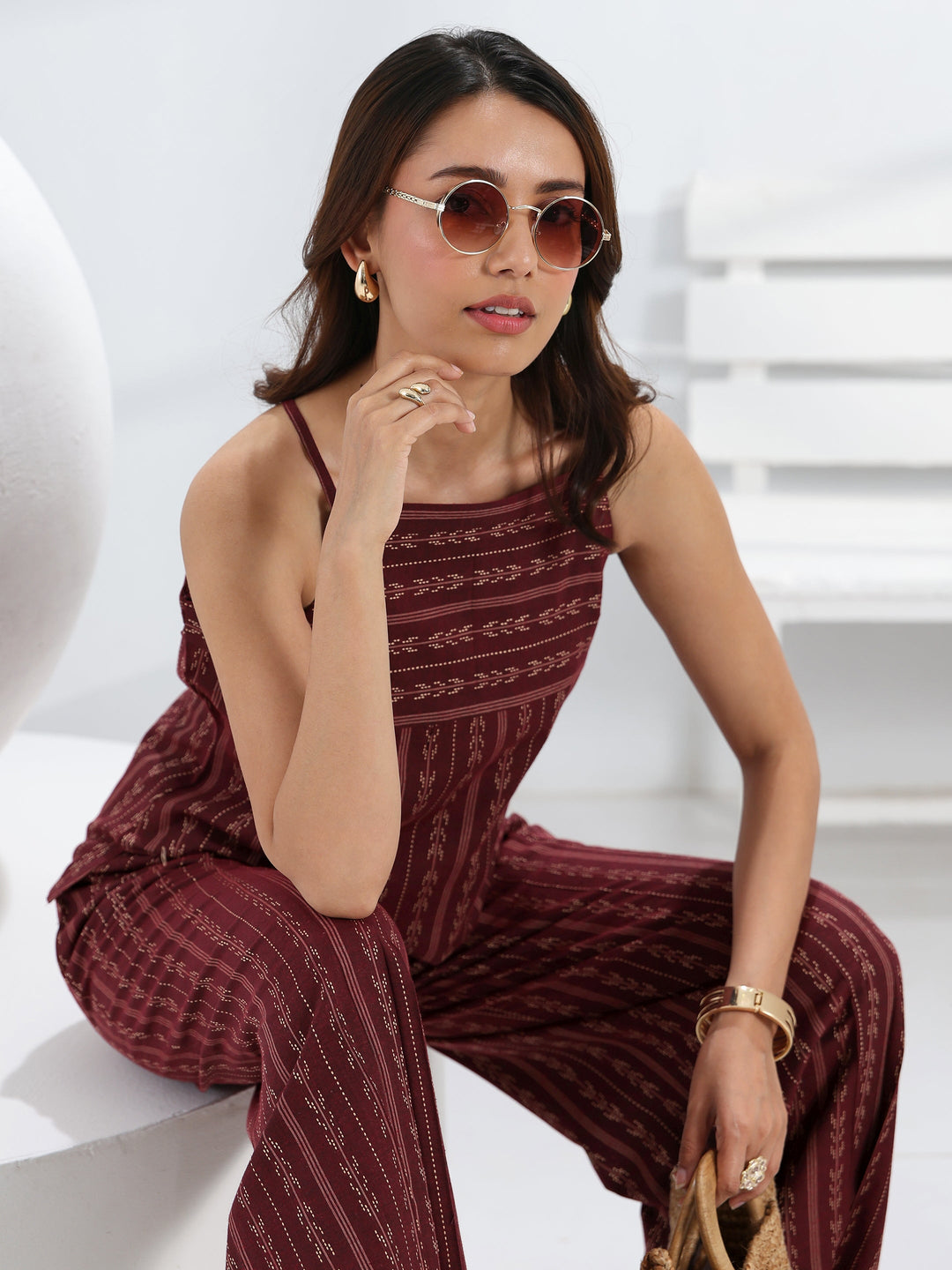 Maroon Woven Design Cotton Blend Co-Ord Set