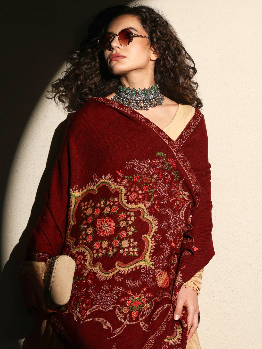 Maroon Woven Design Wool Women's Shawl