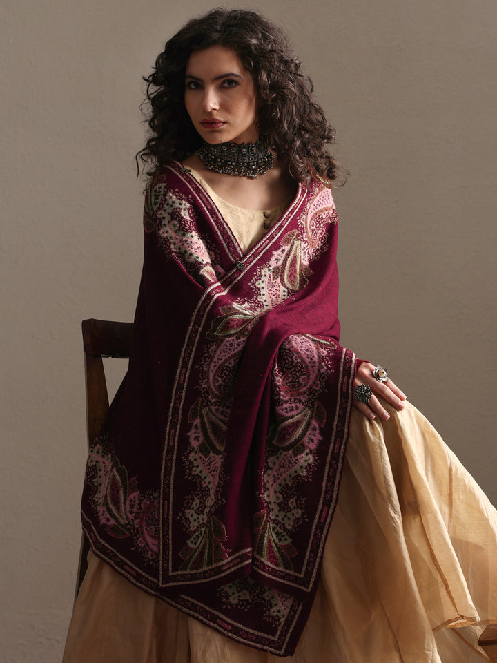 Maroon Woven Design Wool Women's Shawl
