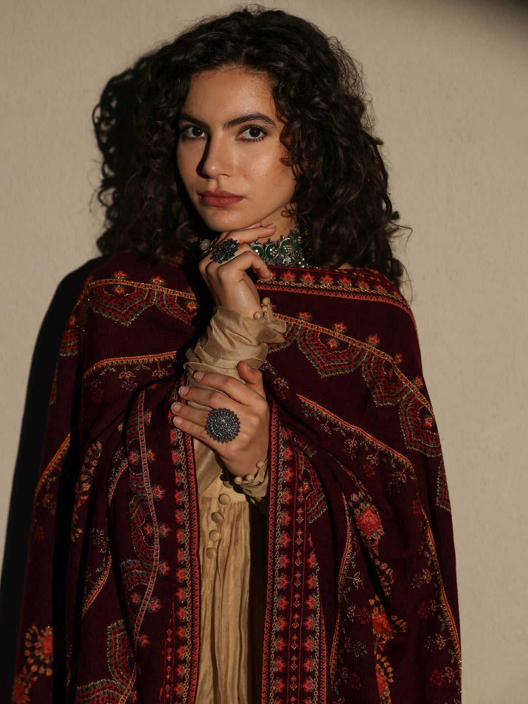 Maroon Woven Design Wool Women's Shawl