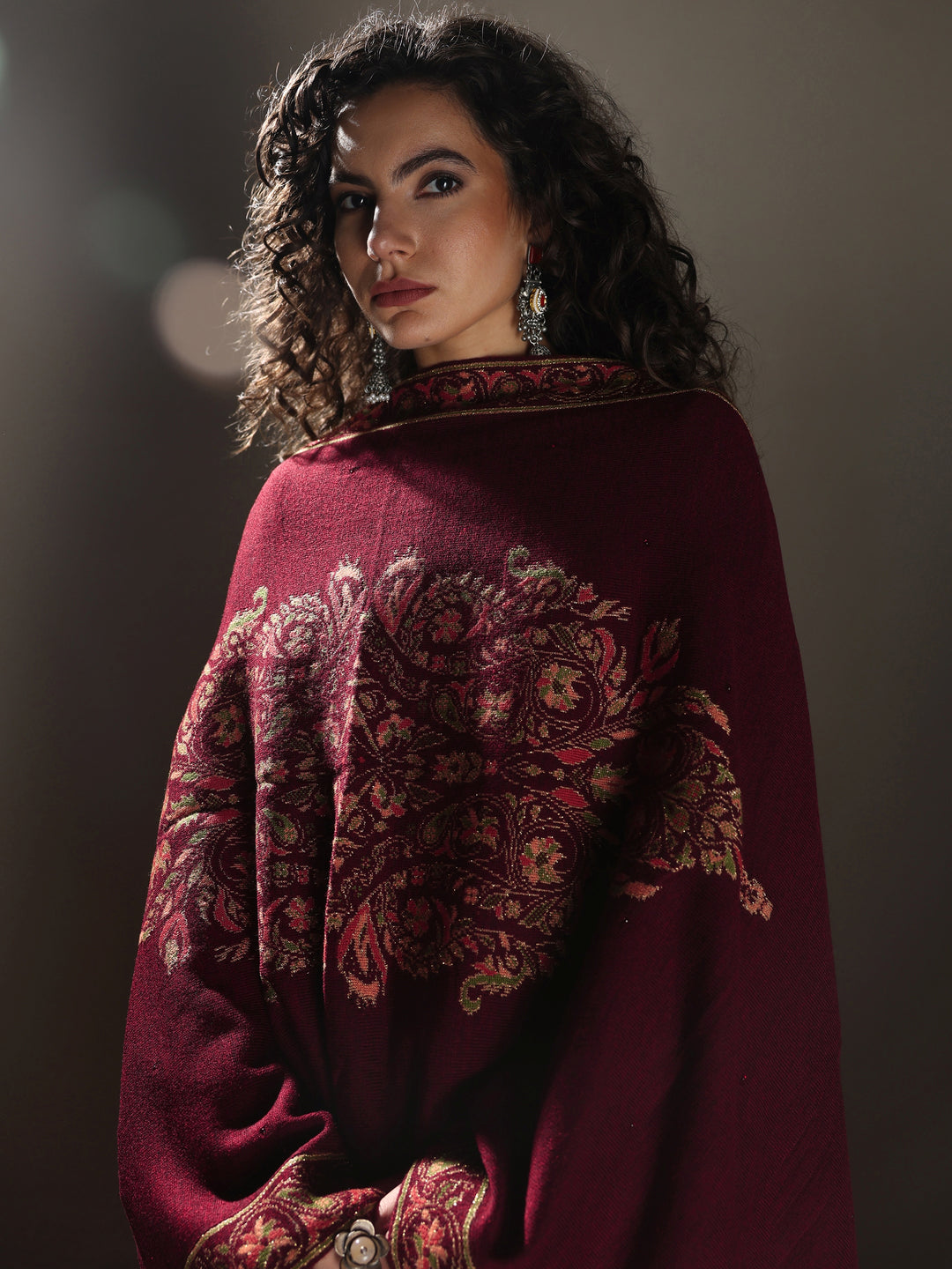 Maroon Woven Design Wool Women's Shawl