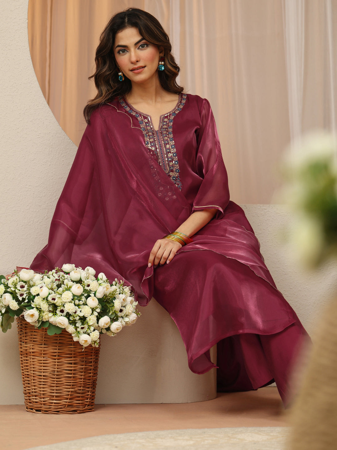 Maroon Yoke Design Tissue Straight Suit Set