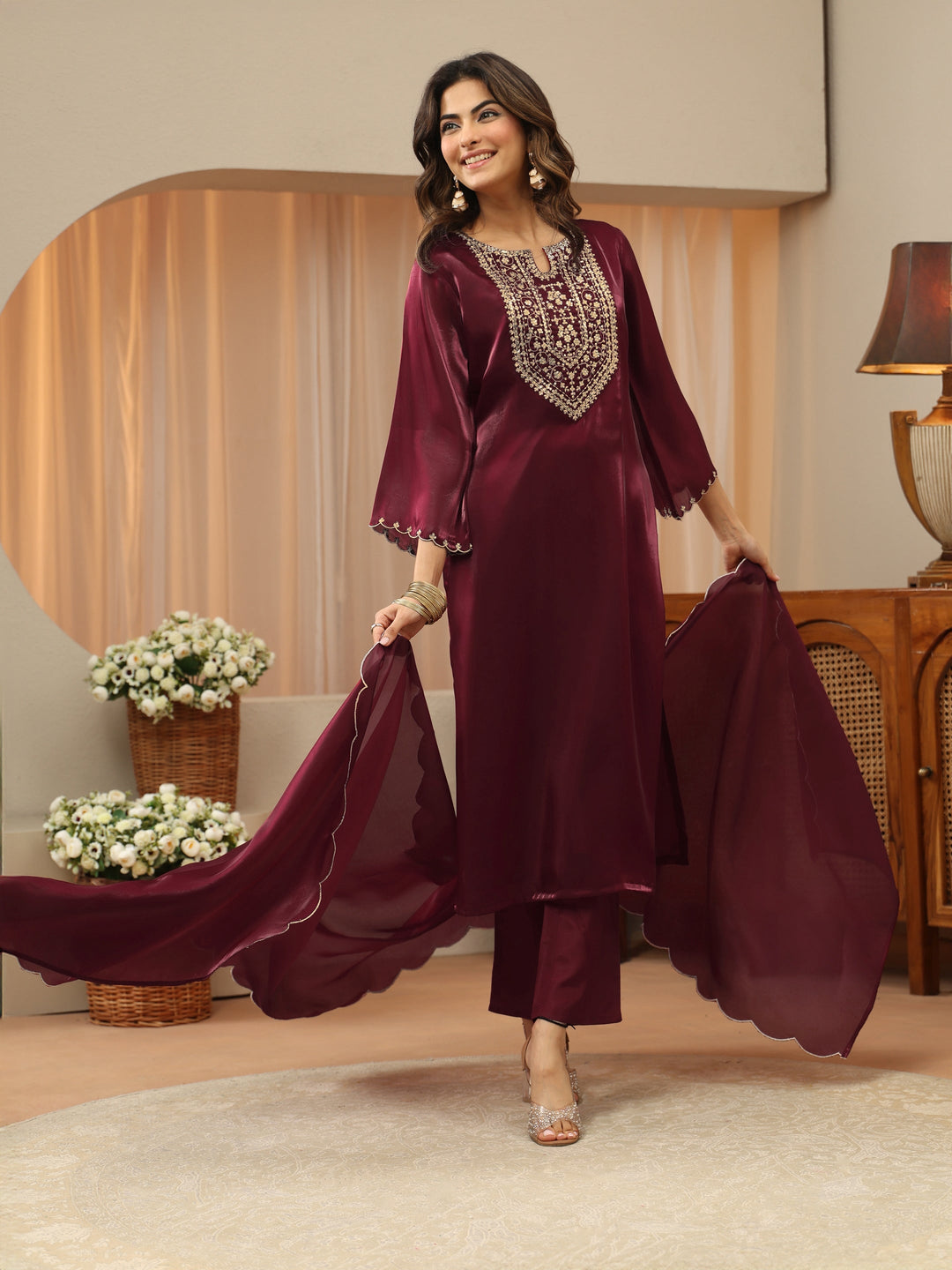 Buy Gerua Maroon Yoke Design Tissue Straight Suit Set Online in Canada at $87.00