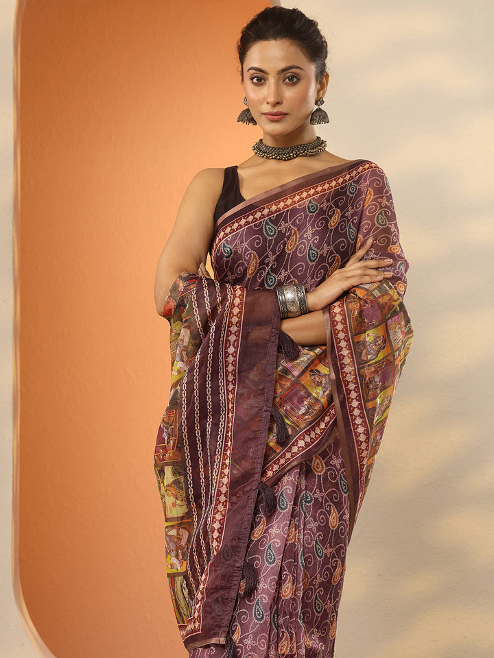 Mauve Bandhani Printed Silk Blend Saree With Unstitched Blouse Piece