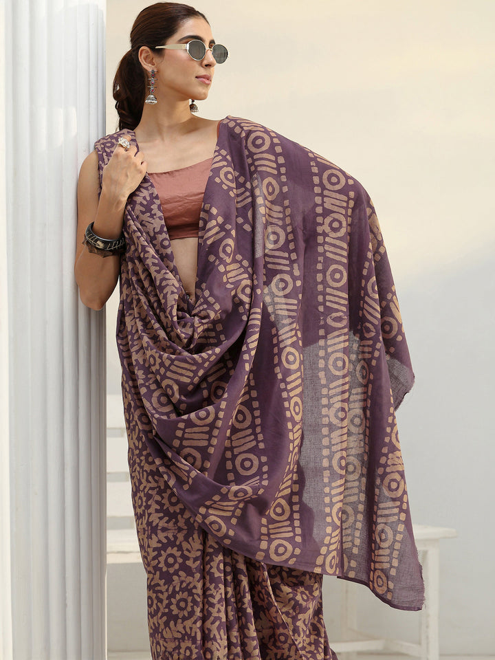 Mauve Batik Print Cotton Saree