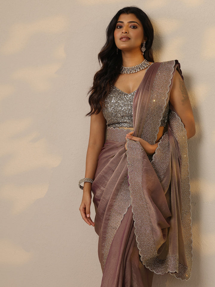 Mauve Embellished Organza Sarees With Unstitched Blouse Piece