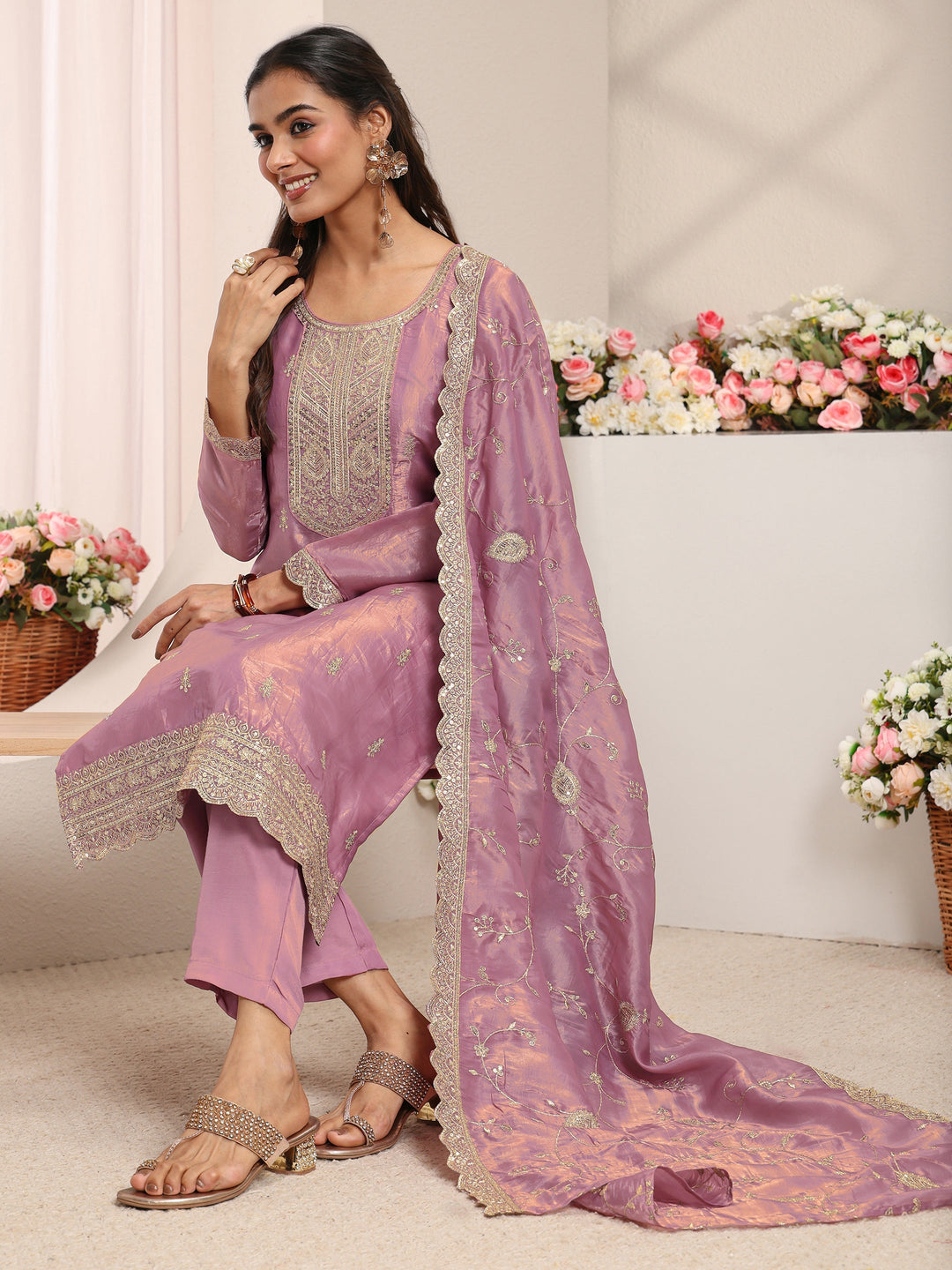 Mauve Embellished Organza Straight Suit Set With Dupatta