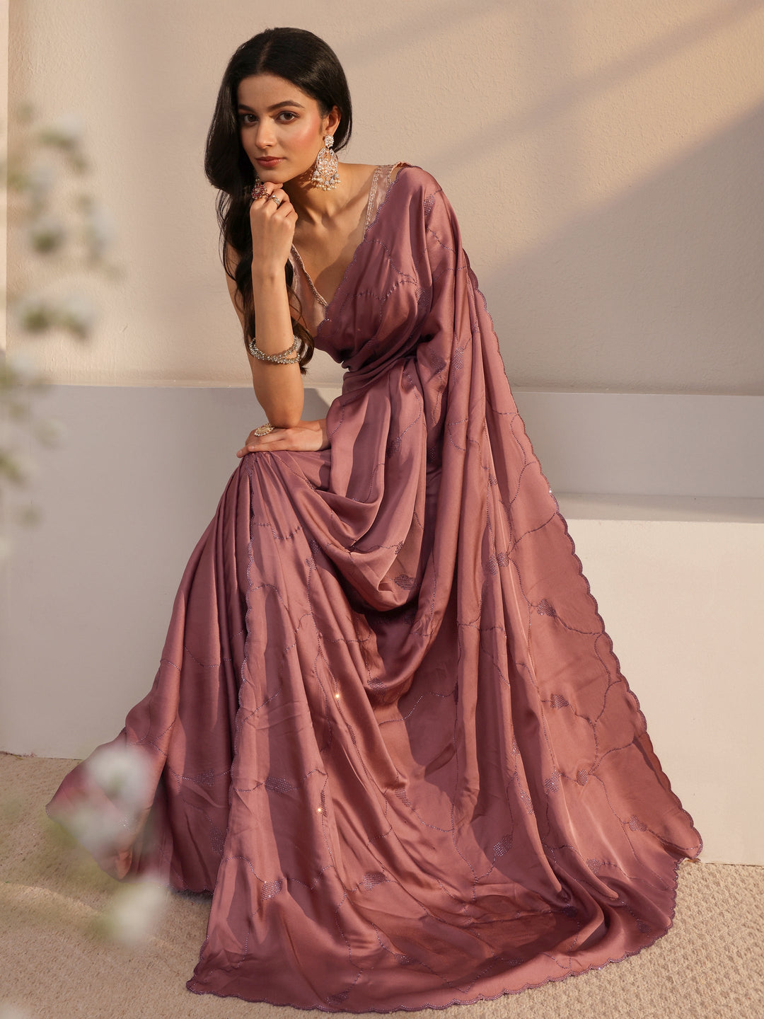 Mauve Embellished Satin Saree With Unstiched Blouse Piece