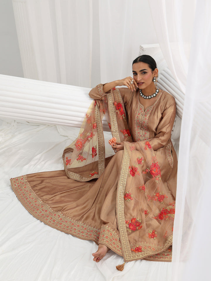 Mauve Embroidered Silk A-Line Gown With Dupatta