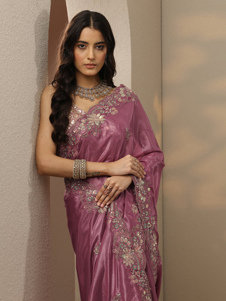 Mauve Embroidered Silk Blend Saree With Unstitched Blouse Piece