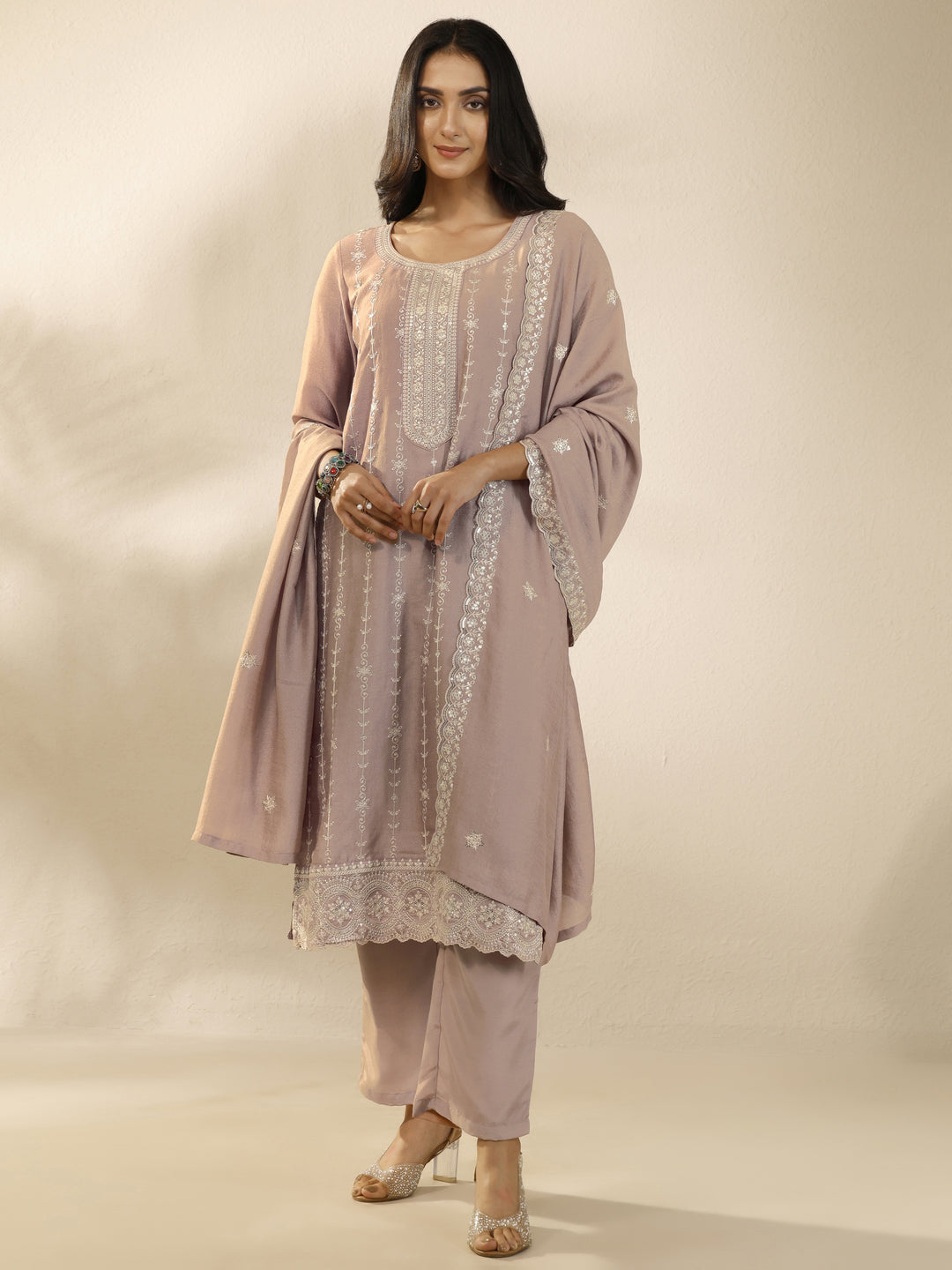 Mauve Embroidered Silk Blend Straight Suit Set With Dupatta