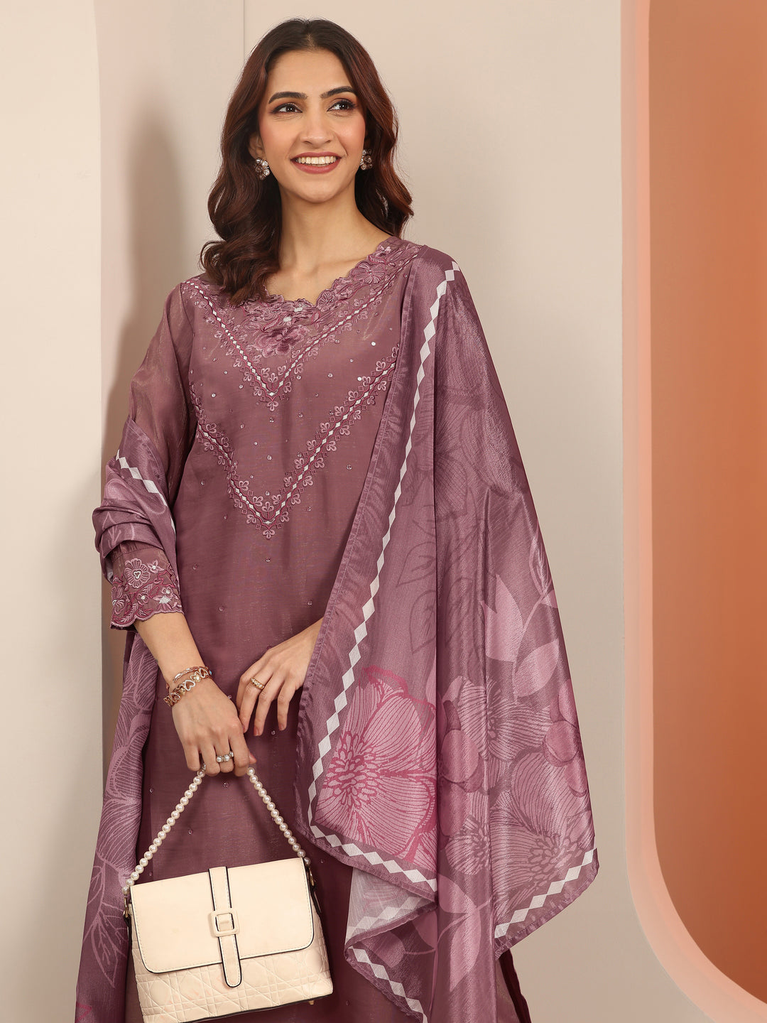 Mauve Embroidered Silk Blend Straight Suit With Dupatta