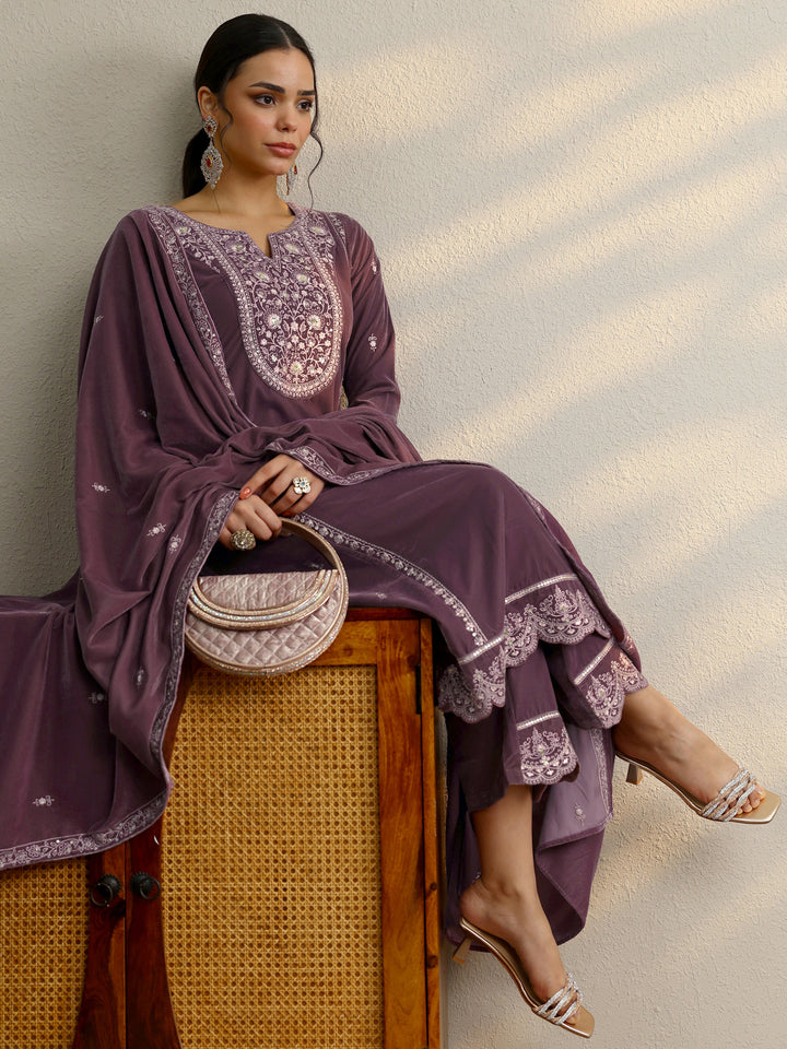 Mauve Embroidered Velvet A-Line Suit Set With Dupatta