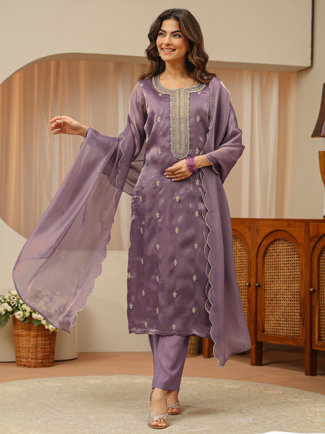 Mauve Ethnic Embroidered Tissue Straight Suit Set