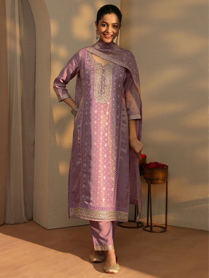 Mauve Ethnic Motifs Woven Design Silk Blend Straight Suit Set With Dupatta