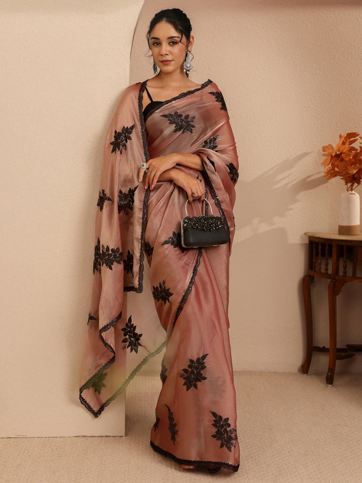 Libas Mauve Floral Embroidered Organza Saree