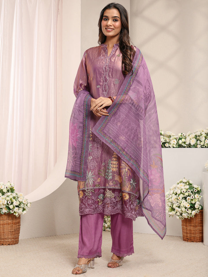 Mauve Floral Embroidered Organza Straight Suit Set with Dupatta