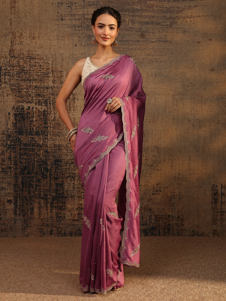 Mauve Floral Embroidered Silk Blend Saree With Unstitched Blouse Piece