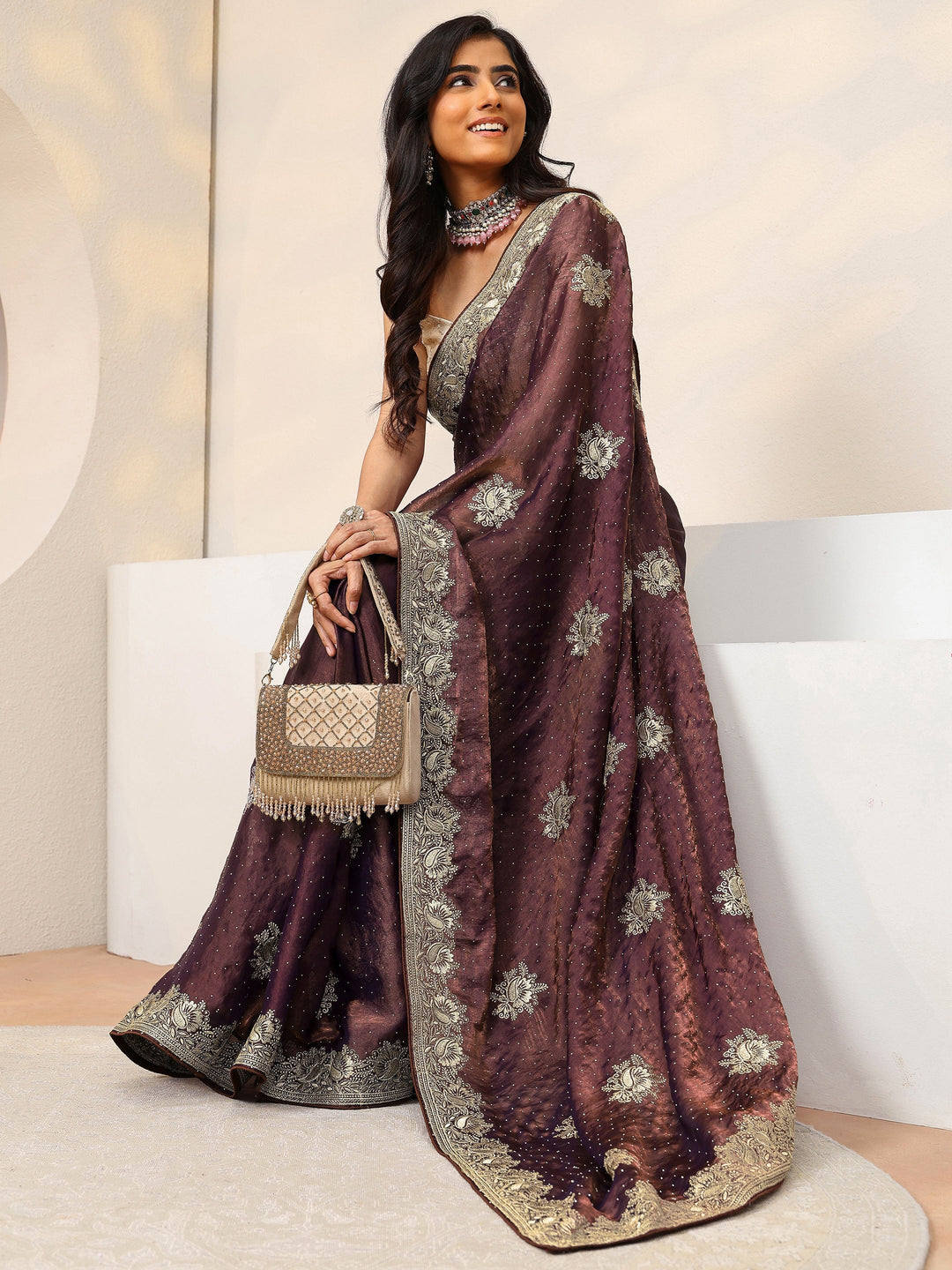 Mauve Floral Embroidered Tissue Saree