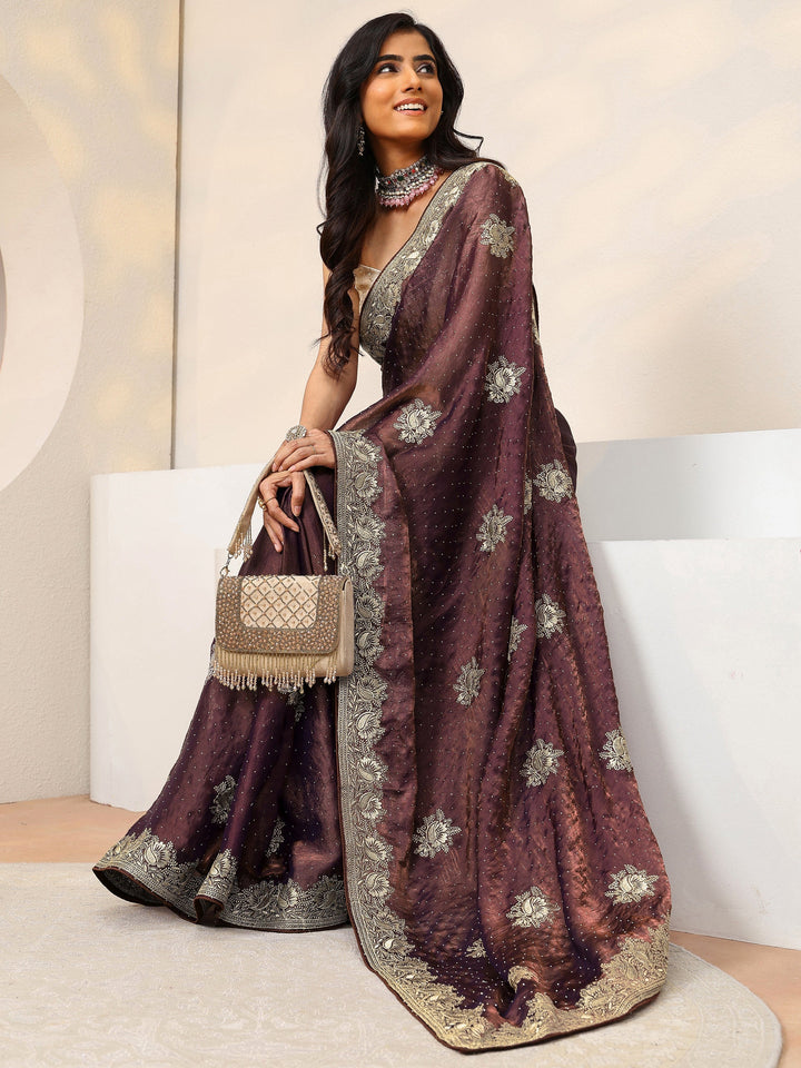 Mauve Floral Embroidered Tissue Saree
