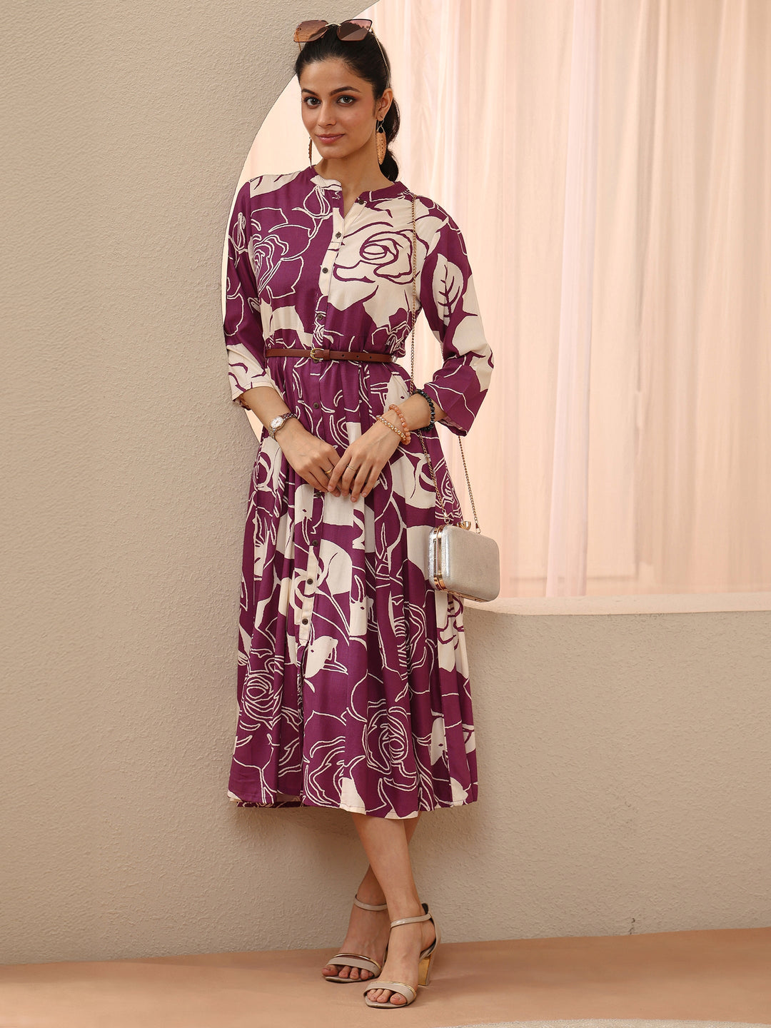 Buy Libas Mauve Floral Printed Cotton Blend A-Line Shirt Dress Online in USA at $22.00
