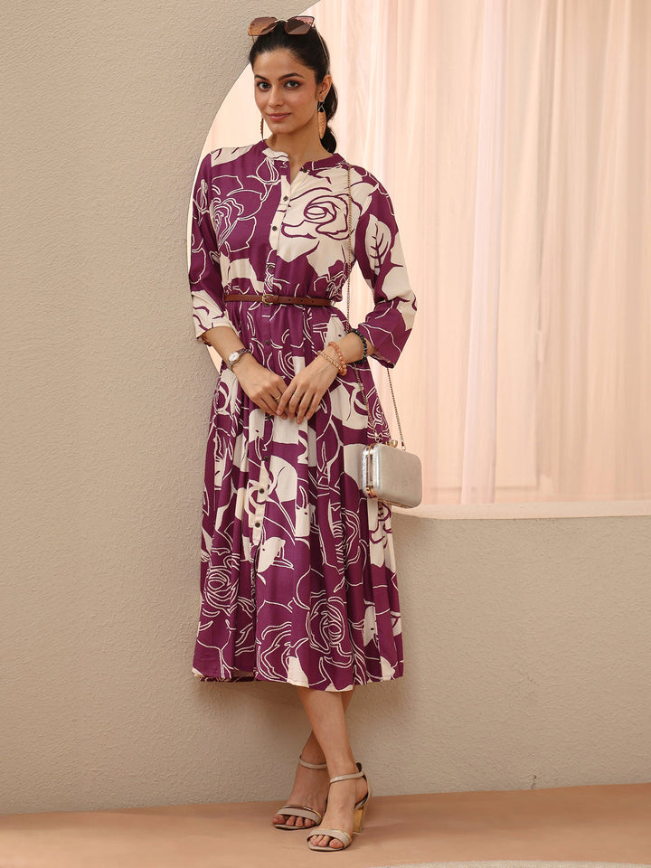 Mauve Floral Printed Cotton Blend A-Line Shirt Dress