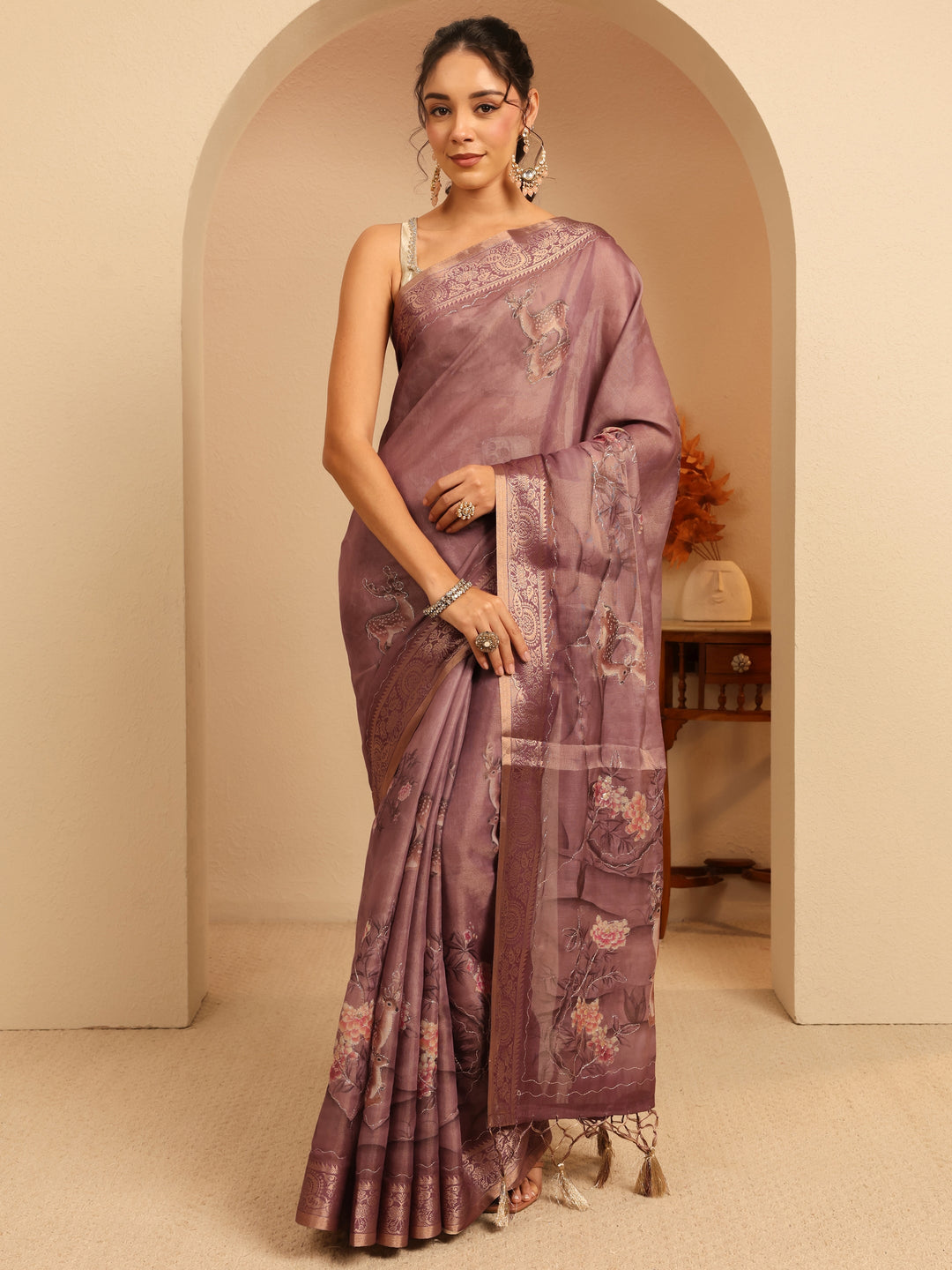 Mauve Floral Printed Silk Blend Saree