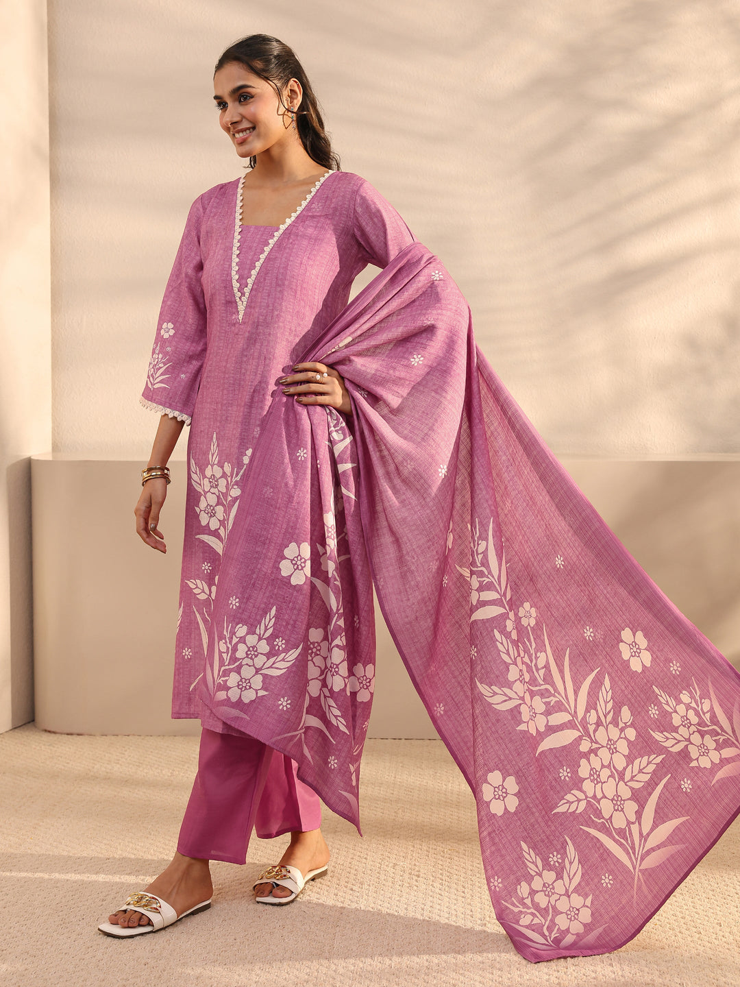 Mauve Floral Printed Silk Blend Straight Suit Set With Dupatta