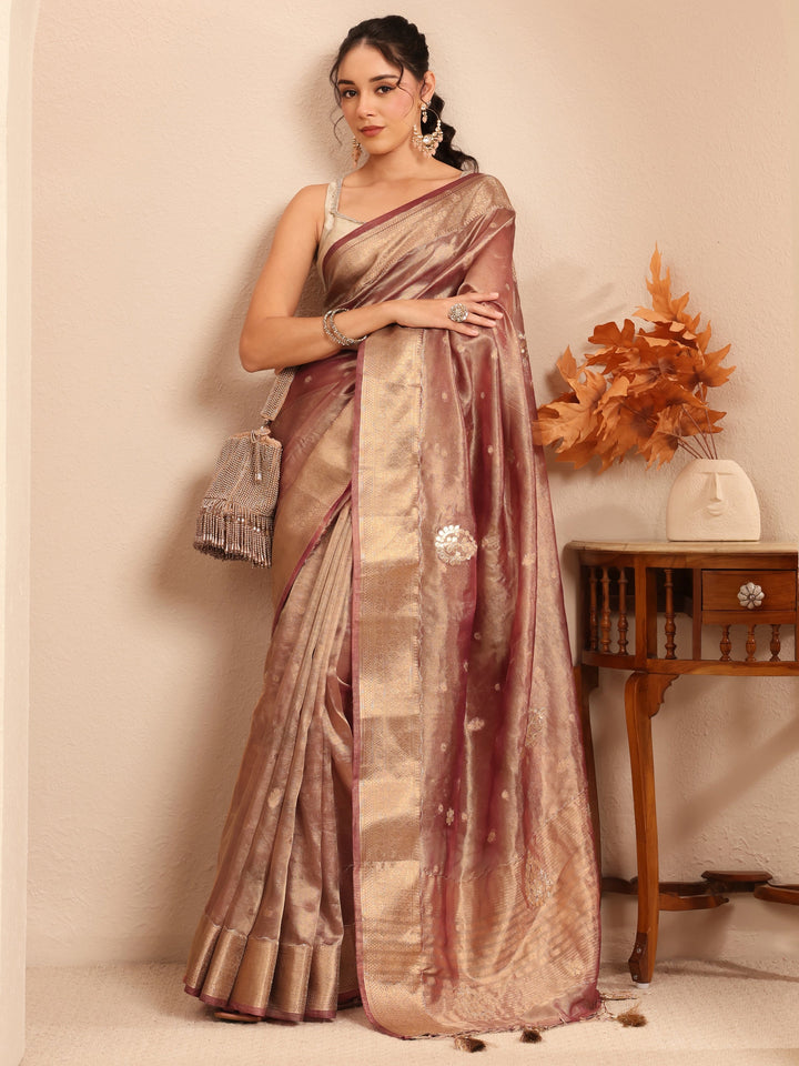 Libas Mauve Floral Woven Design Silk Blend Saree