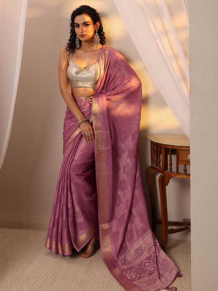 Mauve Floral Woven Design Silk Blend Saree 
With Unstitched Blouse Piece
