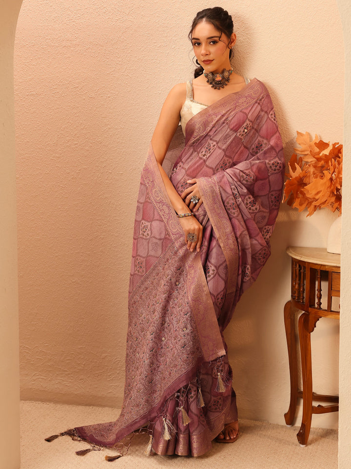 Libas Mauve Geometric Printed Silk Blend Saree