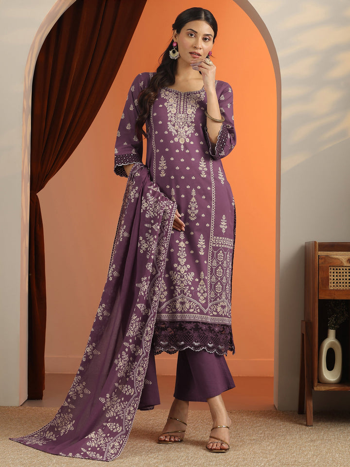 Mauve Printed Cotton Straight Suit Set With Dupatta