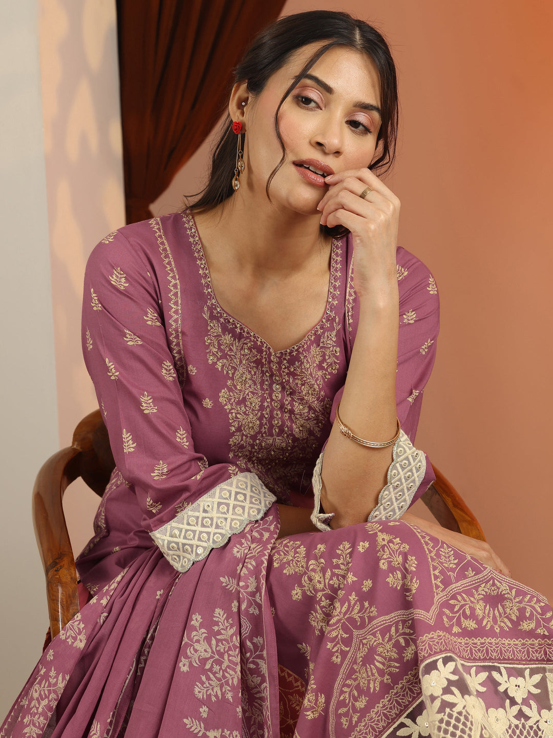 Mauve Printed Cotton Straight Suit Set With Dupatta