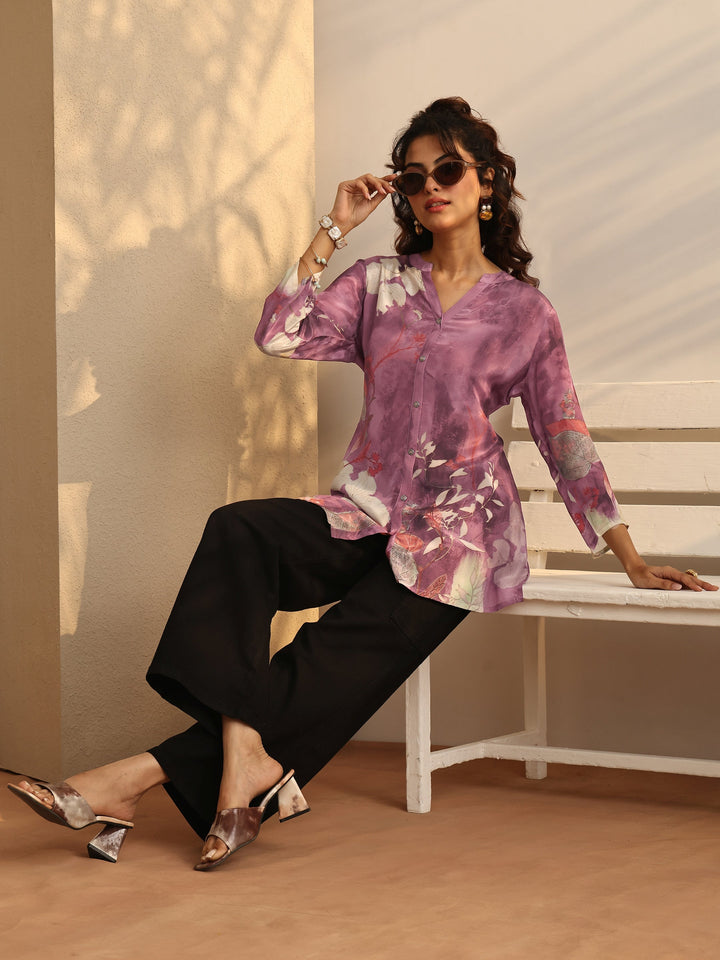 Mauve Printed Crepe Straight Short Kurti