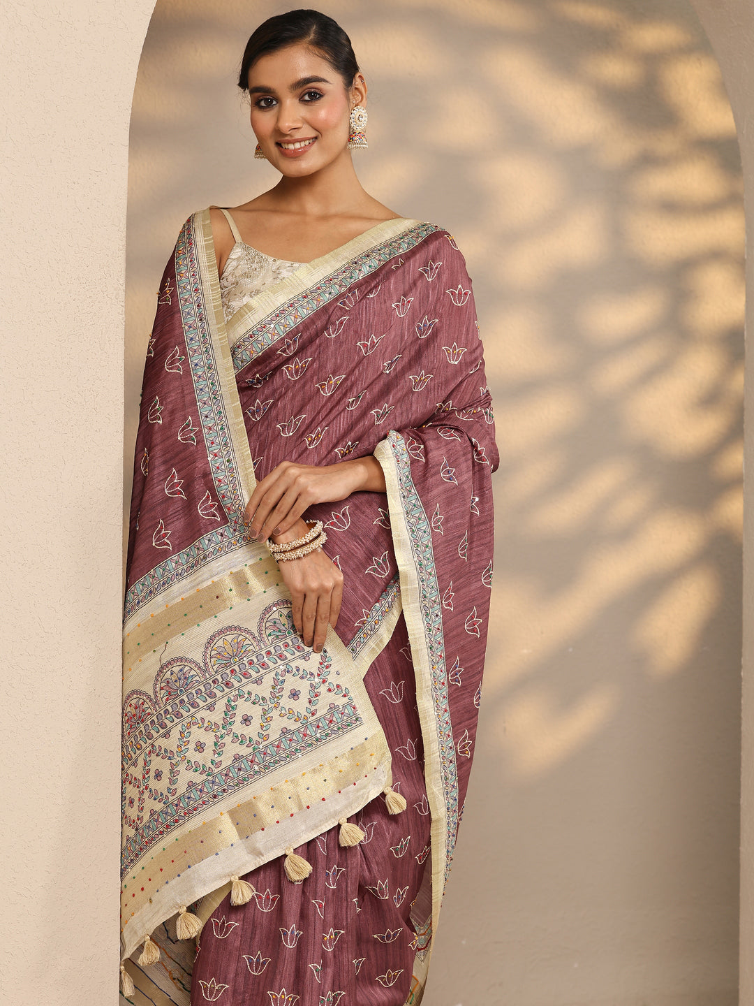 Mauve Printed Silk Blend Saree With Unstitched Blouse Piece