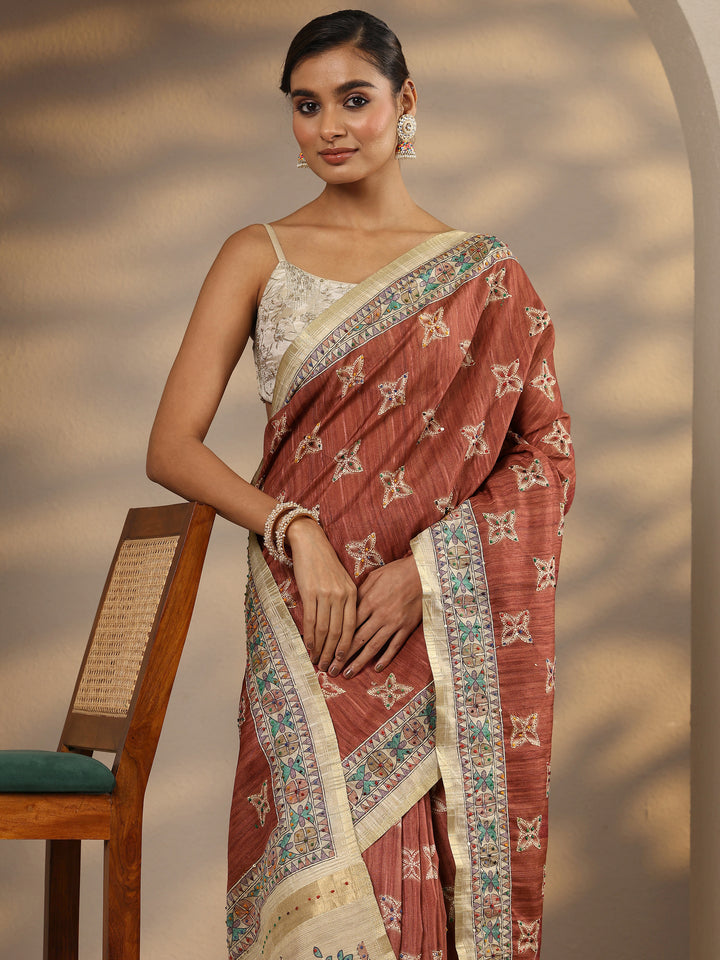 Mauve Printed Silk Blend Saree With Unstitched Blouse Piece