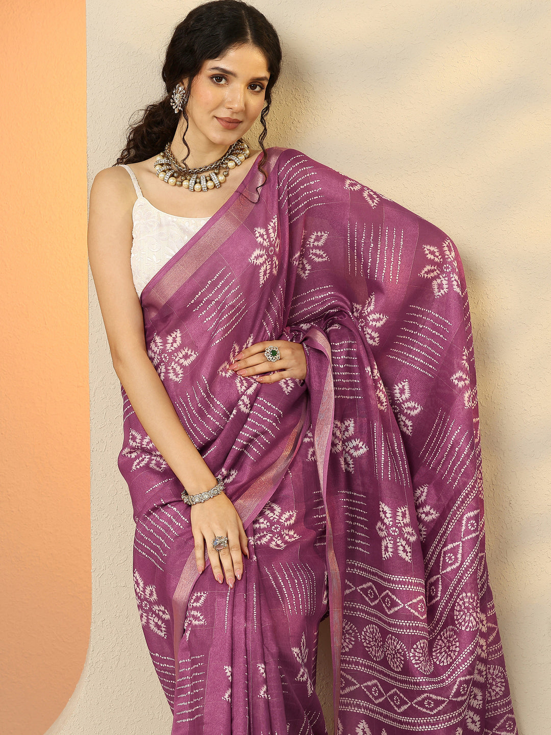 Mauve Printed Silk Blend Saree With Unstitched Blouse Piece