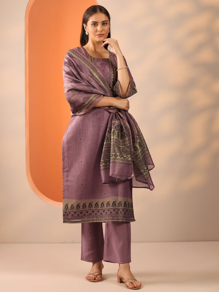 Mauve Printed Silk Blend Straight Suit Set With Dupatta